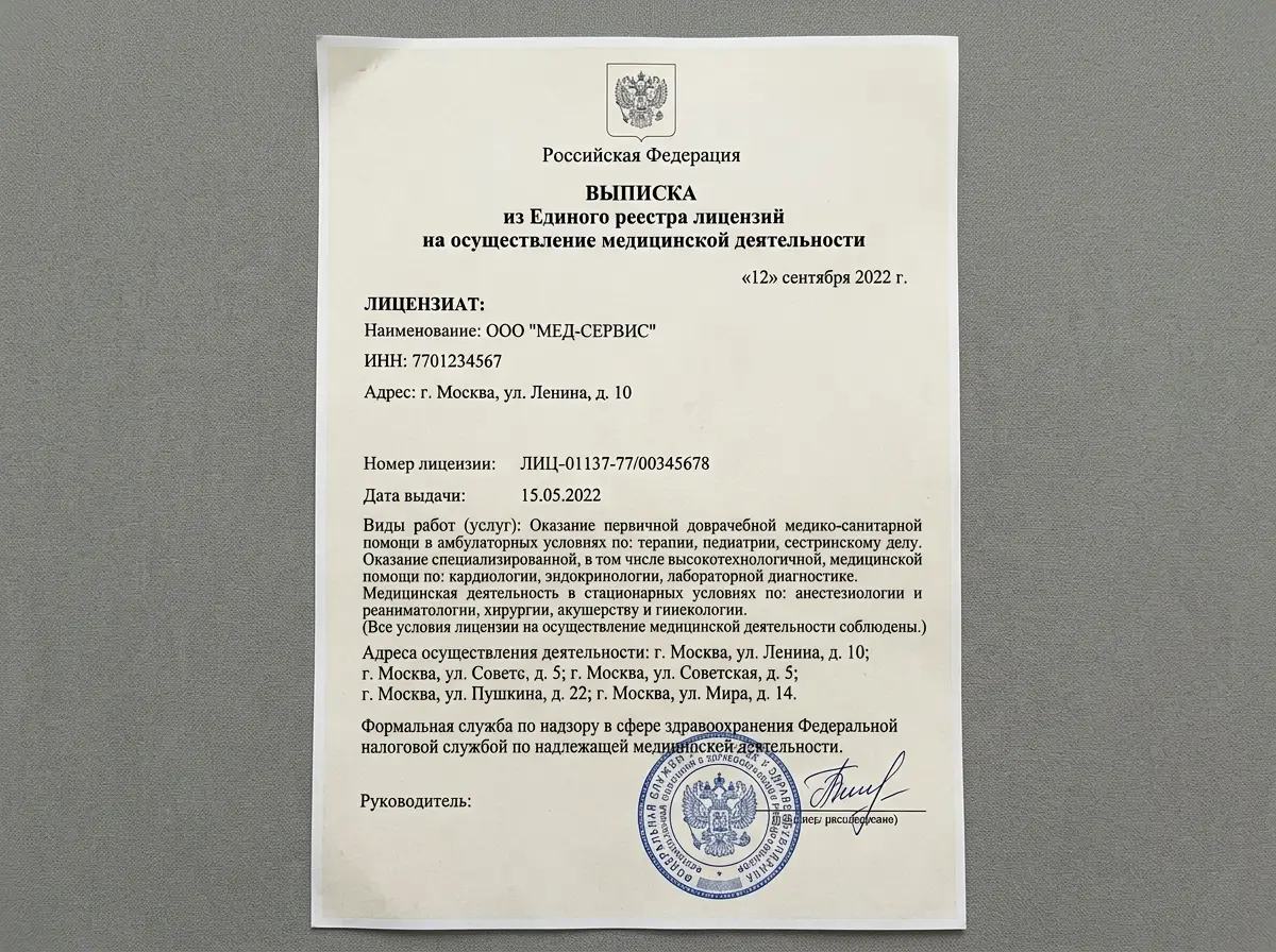 Выписка из реестра лицензий Росздравнадзора на медицинскую деятельность, официальный документ на белом фоне, печать, подпись, серый фон